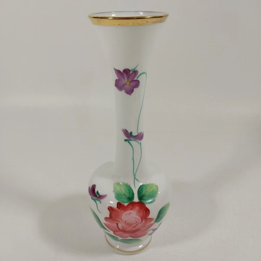 Enesco Japan Hand Painted Glass Bud Vase‎ with Roses Violets Leaves Vintage